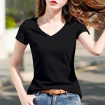 옷자락 여자 여름 기본 베이직 슬림핏 브이넥 반팔 티셔츠