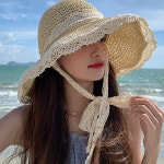 여성 바캉스 휴양지 나들이 레이스 왕골 모자 여름 썬캡 플로피햇 라피아 챙넓은