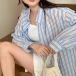 여자 여름 배색 스트라이프 박시핏 언발 긴팔 셔츠