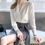 브이넥 여성 긴팔 블라우스 직장인 출퇴근룩 오피스룩 화이트-FREE L