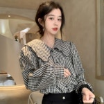 여성 큐티 여름 빅카라 체크블라우스 루즈핏 긴팔셔츠