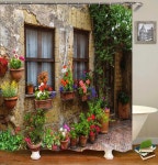 화장실 욕실 방수커튼 샤워 3D 유럽 시골 마을 거리 풍경 방수 커튼 야외 꽃 장식