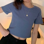 심플 무지 크롭 기장 라운드넥 여자 반팔 티셔츠