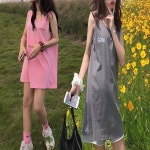 여성 휴양지 루즈핏 나시 민소매 롱 티셔츠