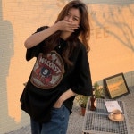 빈티지 여자 반팔 티셔츠 루즈핏 여성 라운드 박스티