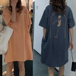 라운드넥 롱티셔츠 레터링 뒷 나염 포인트 양 옆트임