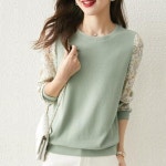 옷자락 여자 봄여름 페미닌 그린시스루 니트 라운드 블라우스