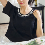 옷자락 여자 진주반팔티 라운드넥 무지 티셔츠