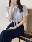 유라타임 르에 실키 반팔 타이 블라우스