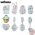 WOSTU 부활절 이너리 토끼 참 행운의 계란 펜던트 하트 비즈 핏 오리지널 팔찌 목걸이 DIY 선물