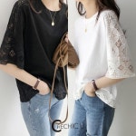 24 여름신상 레이스 레이어드 블라우스 반팔티