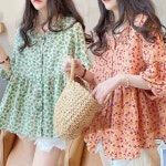 여성 여름 플라워 루즈핏 면 마 블라우스