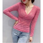 더블제이플러스 여성용 시스루 레이스 블라우스 긴팔 티셔츠 J0708