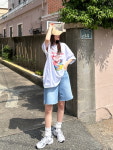 연청 밑단 컷팅 워싱 5부 와이드 데님팬츠