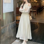 쉬폰 소재 어깨트임 프릴디테일 플레어핏 긴팔 원피스 크림