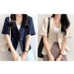 여성 여자 직장인 여름 카라없는 반팔 단추 면자켓 네이비M