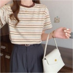 여성 여름 반팔 티셔츠 스트라이프 라운드넥 반팔티