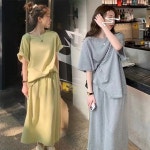 스커트상하세트 데일리 캐쥬얼 스커트 상하의 세트 라운드넥 투피스 셋업 세트 여름 치마 스커트 여성