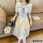 줄리엣이뽀 여성 여름 쉬폰 꽃무늬 레이스 업 프렌치 스퀘어 넥 퍼프 슬리브 허리 미디 원피스 녹색 S KJK-P0049