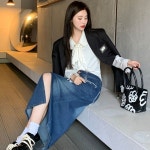 EAMT 여자 청치마 빈티지 프릴 A라인 데님 미디 힙스터 스커트 EUNG5