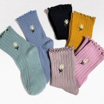 플라워 자수 여성 골지 프릴 중목 양말 6켤레 세트