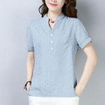 로미홀리 여성 반팔블라우스 브이넥 린넨셔츠 스트라이프 차이나카라 971