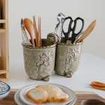 주방수납 도자기수저통 2구 물빠짐 손잡이 수저꽂이