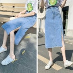 여자 20대 캠퍼스 룩 슬릿 데님 롱 스커트 청 치마 중청 S