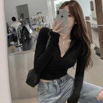 여자 주말 외출 나들이 슬림 핏 골지 반집업 티셔츠