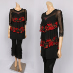 노브패리스 레드 캉캉 플라워 롱티셔츠 66에서100 칠부 스판 밸리 뱃살커버 라인 사교 라틴 웰빙 중년여성 여자 국산 댄스스포츠복 99... 