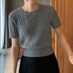 여름 반팔 꽈배기니트 밑단시보리 라운드넥 데일리룩