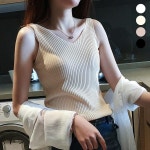 골지 디자인 슬림 민소매 여름티셔츠 여성 브이넥