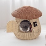 원목캣타워 폐쇄 애완 동물 둥지 등나무 직조 귀여운 고양이 개 방지 버섯 집 벽 가정용