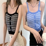 여자 하트 체크 여름 크롭 민소매 니트 나시 핫걸