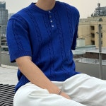 위드 헨리넥 반팔 니트 여름 천연소재 케이블 꽈배기 얇은 부드러운 안비치는 머슬