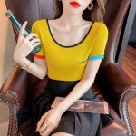 새로이 여성 여름 슬림핏 기본 반팔 티셔츠 XSUFG7YI