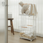 김용석생활연구소 이동식 스틸 빨래바구니 2단 스텐 빨래통 철제 세탁바구니 보관함