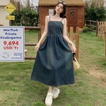 리더스 여성 스모크 밴딩 뷔스티에 민소매 데님 롱 원피스 진청 플레어 스커트 드레스