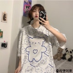 줄리엣이뽀 여성 여름 오버핏 곰돌이 무늬 반팔 라운드넥 롱 티셔츠 귀여운 학생룩 스타일 M KJK-P0076