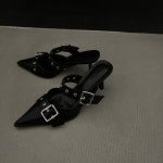 포인트 벨트 버클 하이힐 슬림핏 스틸레토 쿠션뮬 힐 오닉스6cm 230