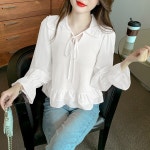 J0961 여성 쉬폰 퍼프 긴팔 니트 블라우스
