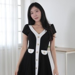 로제 미니 원피스 홀복 파티룩 클럽의상 Y버튼 플레어스커트 A0524 66