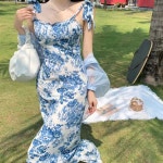 꽃무늬 묶음끈 민소매 나시 롱원피스 바캉스 여행코디