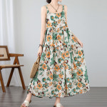 쿠잉 플라워 민소매 끈나시 여성 휴양지 휴가룩 롱 원피스