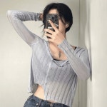 여성 언발 시스루 사선 단추 가디건 티셔츠 여자 트임 세미 크롭 루즈핏 버튼 얇은 긴팔 여름 니트