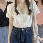 여자 여름 반팔 블라우스 여성 브이넥 브라우스