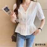 줄리엣이뽀 여성 여름 면 셔츠 반팔 자수 순수한 면 블라우스 여성 브이넥 반팔 티셔츠 S KJK-P0084
