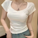 하트넥 양쪽 셔링 반팔티셔츠 글램한무드 무지 슬림핏