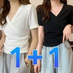 1 1 V넥 무지 티셔츠 여자 여름 반팔티 셔링 랩 면티