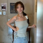 옷자락 여자 클럽룩 사이드 컷팅 리본 슬림핏 골지 끈 나시